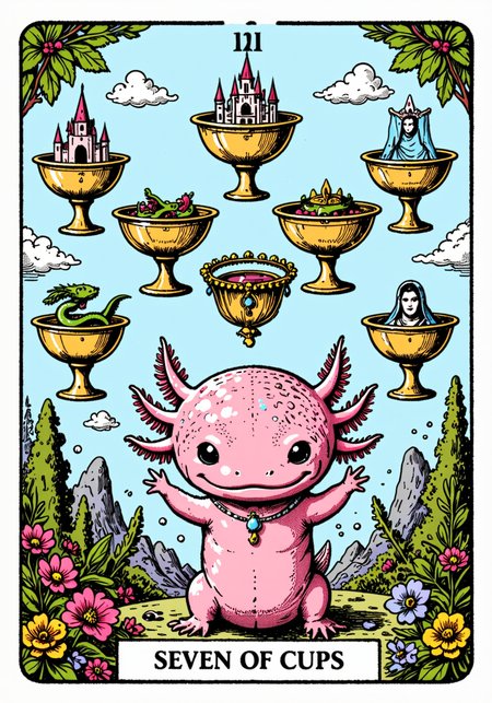 A tarot card with the text "Seven of Cups," an axolotl facing seven floating cups, each cup with different objects, a castle, a dragon, a snake, a laurel wreath, jewels, a veil, a figure in shadow., axolotl, a tarot card in the style of ck-tc featuring<lora:ck-tarot-000015.safetensors:1.0:1.0> <lora:Axomodel_Flux_V1.1.safetensors:1:1>
