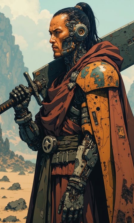 Tibet monk with (cyborg face parts:1.95),(cyborg cybernetic enhancements:2.7) with , (enormous oversized sword:3.5) sci-fi  SWORD (very wide blade) with mechanical parts, intricate detailed, 8k, UHD, epic quality,  profile picture, mechanical, style by Yuri Shwedoff,Robert Zemeckis, Kim Ki-Duk, (by Tony Conrad:1.05)cyborg, half robot ultra realistic 8k resolution.
<lora:ck-shadow-circuit:0.9> in the style of cksc,