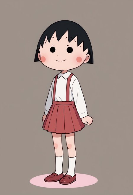 score_9, score_8_up, score_7_up BREAK ChibiMaruko, 1girl, black bobcut, black dot eyes, pink circle blush, long-sleeved white shirt, red suspenders, red pleated skirt, white socks, flat red shoes, smiling at viewer, full body,