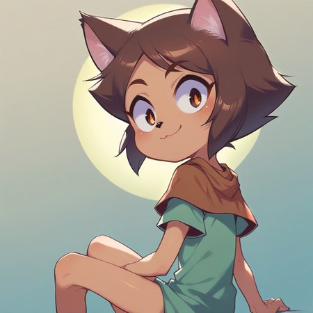 score_9, score_8_up, score_7_up, source_cartoon,  1girl, solo, dramatic lighting, dramatic angle, looking back at you,
Luz Noceda, brown hair, short hair, brown eyes, young,   managan, furry, cat girl, looking at viewer, sitting, brown capelet, green tunic, black eyes, solid circle pupils, smile