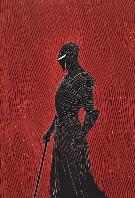 Bw-grignani, Curved Sword Slash, Closeup Portrait, An Abstract surreal n Abstract surreal colorful simple painted black vintage armored Knight standing at a cliff, Arms Up, Wielding sword throughout the frame, red Blood Splash, made of lines, vertical lines, horizontal lines, Portrait Made of intertwining snakes, weaving over and under each other throughout the frame, emphasis effect, moire effect, awash in colorful shades, seamlessly extends the lines,
darkness,