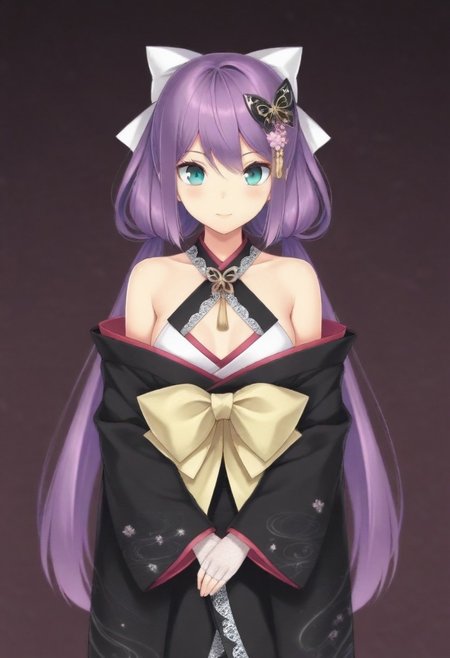 masterpiece, best quality, amazing quality,,, shiny skin,,,,,,,,nijiritsuki,,green eye,purple hair,makeup,long hair,low twintails,butterfly ornament,hair bow,white bow,hair flower,nijiritsukicos,black kimono,floral print kimono,frill-trimmed kimono,lace-trimmed kimono,off shoulder,bare shoulder,x-cross halterneck,long sleeves,wide sleeves,long skirt,obi,sash,waist bow,long bow,white lace gloves,long gloves,fingerless gloves,