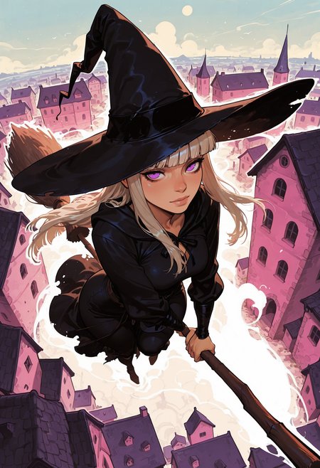 score_9, score_8_up, score_7_up, masterpiece, best quality, very aesthetic, 1girl, incoth, (incase:0.6), detailed face, (dynamic:1), stylized, illustration, surreal, abstract, platinum blonde hair, purple eyes, long hair, straight hair, blunt bangs, large witch hat, curvy, black witch robe, riding broom, flying on broom, medieval city, from above, perfect hands,  <lora:incoth:0.3> <lora:ck-shadow-circuit-IL:0.4>,  <lora:perspective:0.75> perspective,  <lora:detailed pony style v1:1>