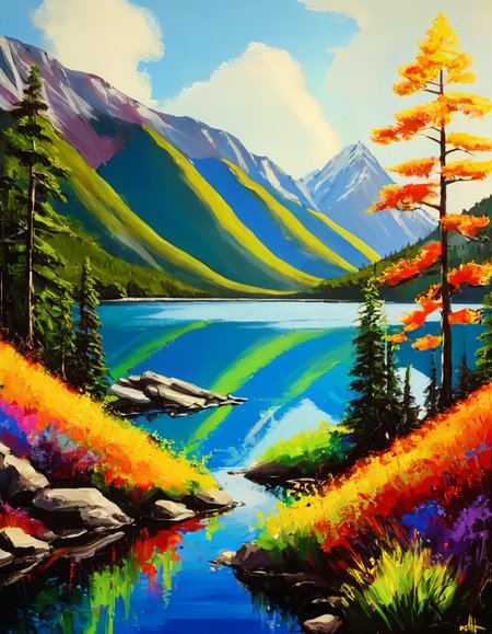 acrylic painting,Mountain Lake, acrylic painting,Mountain Lake, dramatic cinematic light, dynamic composition, intricate, elegant, highly detailed, extremely saturated colors, sharp focus, beautiful, inspiring, mystical, scenic, thought, very inspirational, colorful, epic, surreal, full color, enhanced, complex, vibrant, abundant, artistic, pure, fantastic, wonderful, perfect, balanced, calm, cute