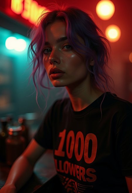 **"A hyper-realistic, candid cinematic portrait in the raw, documentary-style of **Peter Lindbergh** and **Boogie**, capturing a fleeting, intimate moment. A **young Dutch woman with purple hair**, naturally beautiful with **textured, radiant skin**, is caught mid-movement in the **gritty, dimly lit atmosphere of a dark and dangerous London pub at night**.  
The shot is **unposed and spontaneous**, taken from a slightly **low, off-center angle**, as if captured in passing—giving it a true **candid energy**. Her **expression is sultry yet distant**, her **closed lips hinting at something unspoken**, as she exhales softly, her gaze drifting beyond the frame, as she looks into the camera. **Warm, flickering pub lights** reflect in her eyes, subtly illuminating her **34DD tits**, accentuated by the tight fit of her **vintage "1000 Followers" rock band tee, loosely knotted above her high-waisted leather shorts**. The **thigh-high socks complete her effortlessly rebellious look**, a nod to underground rock culture.  
The atmosphere is **gritty and immersive**, with a shallow depth of field blurring out silhouettes of **shadowy figures drinking and smoking in the background**, their murmurs lost in the hum of the night. The **air is thick with cigarette smoke and the smell of whiskey**, while a faint neon glow from the bar sign spills across the wooden floors.  
Shot on an **ARRI ALEXA 65** with **Porta 160 color grading**, this award-winning photograph blends **soft cinematic light with dramatic shadows**, creating an almost **dreamlike, intimate mood**. The **low contrast, exposure blending, and detailed filmic grain** add to the realism, processed meticulously in **Adobe Lightroom and Photolab** to maintain **insane details and hyper-realistic textures**. The result is an image that feels **effortless, immersive, and charged with raw emotion—capturing a moment that wasn’t meant to be captured.**"