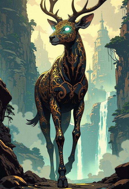 Masked Beast Striding Through a Dreamscape — A tall, quadrupedal creature with an elongated, deer-like body and intricate golden engravings covering its smooth, obsidian skin steps forward in slow motion. Its delicate, mask-like face has no mouth, only two piercing white eyes glowing softly. Ethereal ribbons of mist swirl around its form as it moves across a surreal landscape—vast, floating islands with rivers of liquid light streaming through the air. The soft, ambient glow of the world gives the scene a serene yet otherworldly presence.