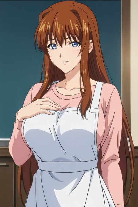 score_9, score_8_up, score_7_up, source_anime, rating_safe, intricate details, anime screencap, official style, 1girl, solo, <lora:Kyoko_Sano:1>, kyouko, bright brown hair, long hair, blue eyes, mole under eye, pink shirt, white apron, collarbone, large breasts, looking at viewer, smile, indoor, cowboy shot, hand on chest, parted lips
