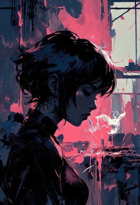 neo-noir fashion portrait, chrome-kissed halides, rose tint, venetian blind shadows, cigarette smoke tendrils, neon-rimmed silhouette, film grain texture dissolving into liquid silver, haunted glamour meeting urban decay –style chaos 80