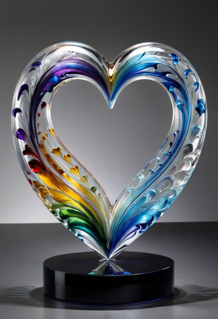 murano_glass_style pride heart, equality sign, and transgender pride colors, in a vibrant and celebratory composition. 
,
combining minimalism, surrealism, and experimental materials to create a conceptual and immersive environment. The installation explores the fusion of art and design, nature and human experience, inviting viewers to engage with the space on a physical, emotional, and intellectual level. Through a meticulous attention to detail, form, and function, the art installation aims to challenge conventions and spark conversations about the evolving nature of contemporary art and its impact on society.