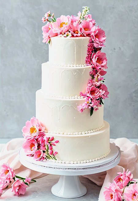 a white wedding cake with pink flowers on the side of the cake