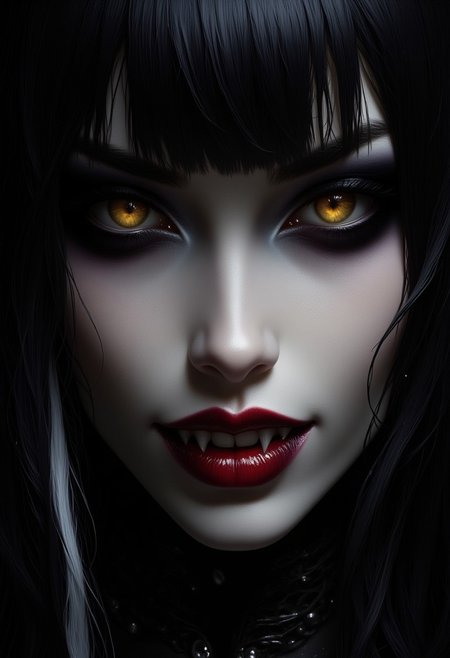 masterpiece, high detail, ArsMJStyle, dnddarkestfantasy, masterpiece, closeup portrait of stunning oriental vampire woman, long black hair with white streak, bangs, dark eyeshadow, detailed yellow eyes, red lips, mouth slightly open in lustful smile showing fangs, chiascuro, sexy, seductive, erotic, direct gaze, dark background. highest definition, HD32K, wallpaper, hyperdetailed, concept art, extreme closeup
