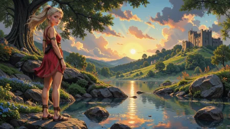 ponytail platinum blonde hair young woman, druid, anime, illustration, extremely detailed, portrait, standing, happy smile, flower in hair, glossy lipstick, celtic necklace, front-back earrings, loincloth, sandals,  Ruby Red druid short dress, legs, sharp focus, fantasy, celtic landscape, small rock, moss, ripples, reflections, celtic  castle, small river pond, druid forest, druid village, stunning nature environment, enchanted land, clovers, Bright Bright Blue flowers, best quality, colorful, wet floor, bright sunny sky, sunset, raytracing, hdr, high contrast, ethereal natural lights, backlight, lens flare, shadows, vibrant colors, colorful, pretty, beautiful, happy, smiling, feminine, sexy, lovely, in love, adorable, fashion,  <lora:Hand v2:1> <lora:Anti-Blur:1><lora:Insane Detail Slider:0.5>  <lora:flux.1_lora_flyway_Epic-detail_v2:0.3><lora:fluxenhancer:0.5> <lora:RetroAnimeFluxV1:0.4> <lora:Luminous_Shadowscape:0.4> <lora:SujatmikoArafuru_Flux:0.2> Suzume style