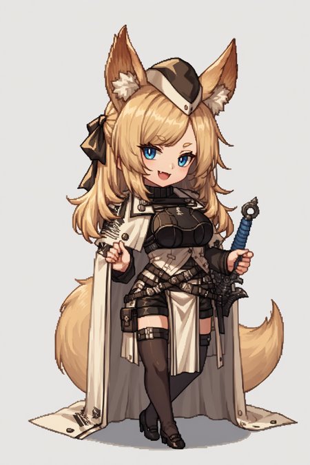 score_9, score_8_up, score_7_up, , rating_general,1girl ,wssd, animal ears, tail, hair ribbon, garrison cap, ribbed sweater, long sleeves, breastplate, white cape, pouch belt, black shorts, pelvic curtain, black thighhighs, high heels, source_anime, smile, :3,  skin fang, open mouth, naughty face, <lora:WhislashPDCAMEv2L AK-000006:1>,<lora:GBFPixelPDCAME Style:1>, pixel art, 2d, full portrait, simple background, white background, chibi,