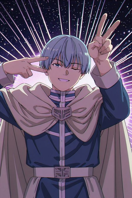 shiny skin, posing,
<lora:soufrie.il:1.0>,
soufrie,
himmel, 
peace, one eye closed, kira, star, posing, idol pose,
