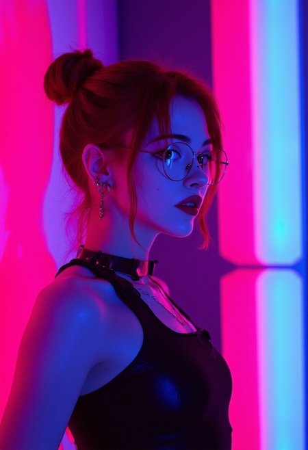 This is a digital illustration rendered in a highly stylized, hyper-realistic CGI (computer-generated imagery) style, characterized by vibrant neon colors and smooth textures. The subject is a young woman KTNK with a fair complexion and an athletic build. She has her red hair styled in a sleek, high bun. She wears round, thin-rimmed glasses that reflect the neon lights around her, adding to the futuristic ambiance.