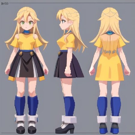 blonde, long hair, woman, gothic style, witch, yellow shirt, black skirt, shoulder, medieval fantasy, wizard uniform, megaman_legends, lowpoly, PS1, PSX, pixelated, model sheet, simples background, chara-sheet, 3D