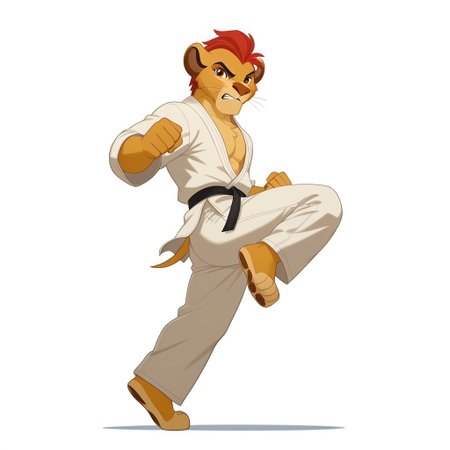 1 male, solo, Kion, anthro lion, light blush,  genshinsplash, white background, splash art, angry, karate gi, genshin impact dendro vision, full body, fist, kick jump, full body, BREAK, high quality, best quality, newest, furry male, side view , looking at viewer