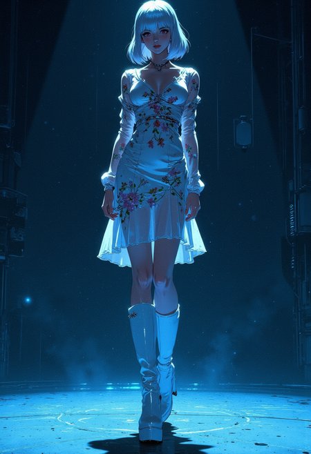 1girl, Go-go dancer, 1960s style, (dress to the middle of the knee. long sleeves,) with a flower pattern, beautiful legs, high white platform boots. platinum cropped hair.wide hips . dynamic pose ,full dressed , masterpiece, best quality, ,, swept-back hairstyle, graceful neck and shoulders, perfect body, (subsurface scattering:1.1), wide hips, Alabaster Skin, (glossy oiled skin:1.1), sharp focus, stark lighting,  dramatic lighting, striking composition, confident and empowered woman, strong and assertive pose, fashion, sensuality, high end clothing, luxury accessories,dynamic pose, bdsm props,, igiex. . The background is minimalist, a gradient of shadowy blue tones, amplifying the ethereal and futuristic ambiance of the scene. The overall composition feels cinematic, blending high fashion with a science fiction aesthetic. . Exquisite cyberpunk. retroFuturism. . (Depth of field), low saturation,detail.  ,(action pose),. 
masterpiece, best quality, medium-format camera,  high-contrast, dramatic lighting, striking composition,  CPA.
mythp0rt,.,
, . 

best quality, dramatic lighting,. RickandMorty Style

 An otherworldly atmosphere.
(Depth of field), low saturation,detail. mythp0rt Stylish, charismatic.
, 
(Depth of field),detail. mythp0rt, Stylish, charismatic. RickandMorty Style


