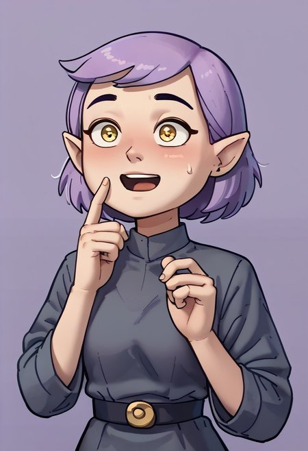 score_9, score_8_up, score_7_up, relatedguy, solo, close up, amity blight, pointy ears, yellow eyes, purple hair, short hair, Imperial officer wearing a grey uniform, open mouth, blush, face sweat, ((puppy eyes)), (((blank background, one colour background))), (((prayer hand gesture)))