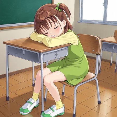 indoors, classroom,  <lora:v2:1> jerikatou, 1girl, solo, brown hair, green dress, yellow collared shirt, side ponytail, shoes, yellow socks, sitting, at desk, in chair, sleeping, head on deask.