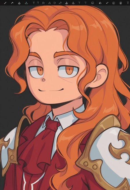 sslt,

1boy, solo, smile, pauldrons, upper body, orange hair, long hair, orange eyes, wavy hair, closed mouth, shoulder armor, red jacket, red ascot, armor, looking at viewer, ascot, male focus, hair over shoulder, collared shirt, wing collar