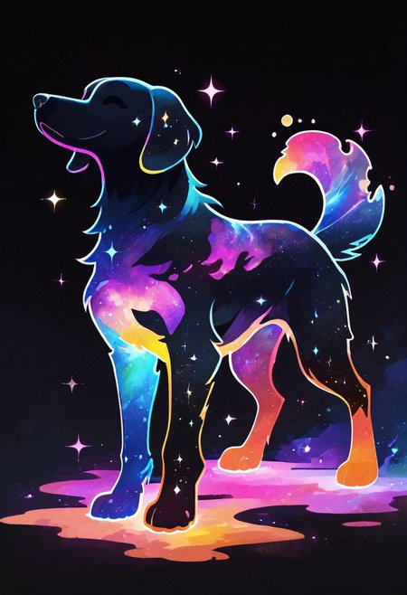 masterpiece, best quality, simple illustration, 1dog, silhouette, full body, solo, dark background, sparkles, vivid colors,  tail ,happy, no_outlines,no lineart, t4kar4i_illu, inner_galaxy, galaxy on silhouette,