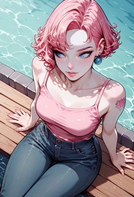 score_9, score_8_up, score_7_up, score_6_up, realistic, Sabrina, SabrinaRH,, short hair, bobcut, ((Pink-black) split hair, split-color hair,) curled hair tips, parted bangs, blue eyes, medium breasts, pale skin, earrings,,  small lotus tattoo on right shoulder, 1g0r, sitting in a bench, Dutch angle , high angle view, face closeup, wide arms, (pink) camisole, denim pants, earrings, looking away, sunny, relaxed expression