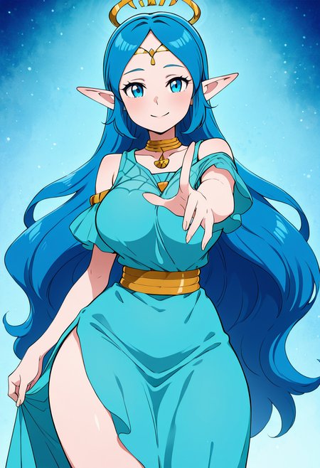 masterpiece, best quality, solo, curvy, beautiful eyes, narrow waist, wide hips, 1girl, solo, smile, looking at viewer, foreshortening, close up, anime screenshot,    zzNayru, blue eyes, blue hair, bare shoulders, jewelry, very long hair, blue dress, elf, circlet, large breasts, ,<lora:NayruZelda_IXL_v2:1.0>,profile view, long legs, relaxed pose, cowboy shot, smile,