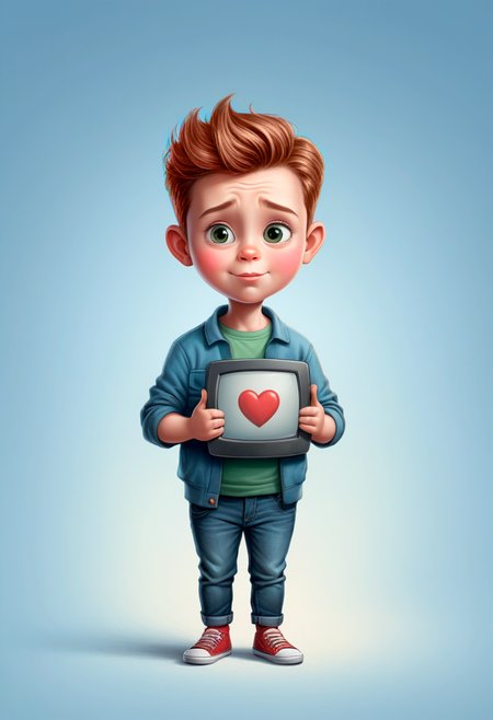 Art of a male designer, little plump round face, 
(pc-monitor in hands:1.25), simbol heart inside screen, 
(funny expression by john Wilhelm:1.25),