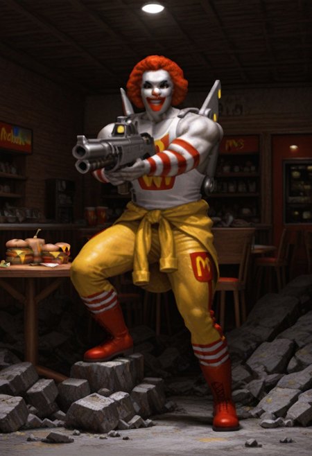 best quality, masterpiece, 
1boy, solo, male focus, 
full body, 
action pose, fighting, 
ronald mcdonald, 
muscular male, clown, 
jumpsuit around waist, white tank top, jetpack, red boots, 
holding weapon, holding gun, aiming, 
looking at viewer, 
indoors, restaurant, mcdonald's, rubble, table, cheeseburger, windows