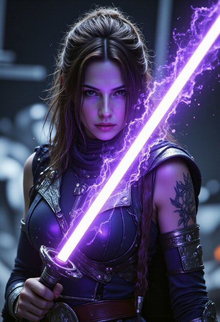 realistic, PHOTOREALISTIC, ((perfect anatomy)), (futuristic warrior holding purple lightsaber:1.3),  25 years old, perfect quality, high quality,(sci-fi, star wars, jedi knight, empress, married), Jaina solo, big brown eyes, dark brown hair, long straight intricate hair, athletic female, ((fitness models, muscle detail, detailed muscle)), long athletic muscular legs, athletic round muscular butt, athletic hips, perfect breasts, perfect body, epic, long hair, intricate hairstyle, cute, soft skin, soft skin, textured skin ,shining glossy skin, soft abs, athletic waist, (slender body),  sci-fi, futuristic, ((intricate transparent flowing sheer jedi robes showing sexy body underneath:1.2, armor parts on body:1.2, marble armor:1.2, greave, boots)), glowing Kintsugi tattoos on body:1.3, Expressiveh, (volumetric lighting:1.2), cinematic, cinematic lighting, reflections, ultra hd, visual effects, graphic effects, ambient occlusion, raytracing, soft lighting, realistic, blum effect, masterpiece, absolutely eye-catching, particles, glow, shining, (intricate cinematic background, on space station, outer space in background, Jaina is dueling an unseen sith lord swinging her lightsaber at them, using the force, god rays), (beautiful face), R3alisticF, Perfect hand, Detailed hand, 5 fingers on each hand