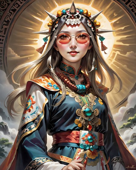 painting, Tsai Ing-wen, she has Gold hairstyle, Sunglasses, Fantasy, Crepuscular Rays, <lora:Tawenza-v1:0.8> beautiful, traditional, headdress