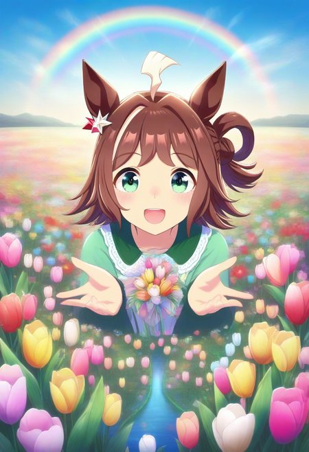 (umamusume, rhein_kraft_(umamusume), horse_ears, horse_girl, tail, 1girl, Tulip, animal_ears,), 
casual, field, flower, flower_field, green_eyes, hair_between_eyes,  solo, , symmetric ,spiralling vortex made of multicoloured tulips,ripples, reflective, jaynl-tm, rainbow, , g0ldsw0rthy,
(realistic, photo,  artistic, medium_hair, one_eye_closed, petals, relaxing,  lush foliage sunrise,  ,  : 0.7)
