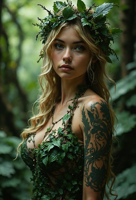 A sensuously enchanting forest dryad, her eyes glowing with mystique, exudes a seductive allure as she stands surrounded by vibrant leaves, her clothes made of green foliage that blends seamlessly with her mystical woodland home. This stunning portrait captures the essence of a mythical being, radiating an aura of magic and allure. The rich, detailed description and exquisite charm of the subject make this image truly exquisite, captivating viewers with its ethereal beauty.