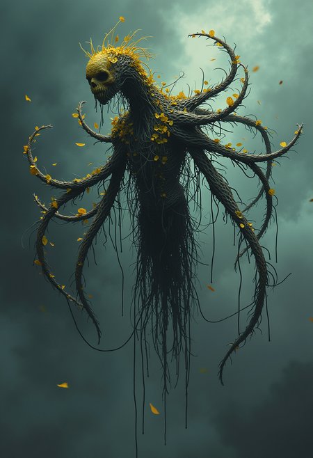 high quality, highly detailed, colorful, abstract, fantasy, fantasy background, The image is an realistic photo of a creature that appears to be floating in the air. The creature has a long, slender body with multiple arms and legs that extend outwards from its body. The arms are covered in green and yellow leaves, and the legs are black. The body of the creature is covered in a thick layer of black and white lines, creating a sense of movement and energy. The background is a dark, cloudy sky with a hint of blue and green. The overall mood of the image is eerie and mysterious.<lora:FLUX\boFLUX Neon Abyss.safetensors:1.0:1.0>