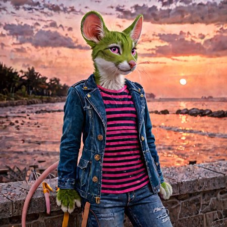 solo, 1girl, eve ill, female, realistic anthro furry human mix, furry, mouse, 3 whiskers, 4 fingers, multicolored ears, pink eyes, green fur, tail, 8k photograph, raw photograph, hyperrealism, extremely detailed, ultra high resolution, wrinkles, jowls, shirt, striped shirt, pants, blue jacket, outdoors, night