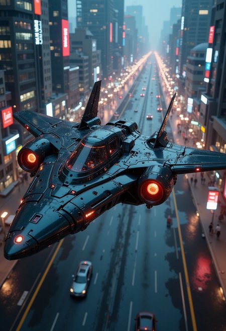 in the style of ck-mgs, A digital artwork in the style of cknc, a_skynet_cyberdyne_craft, the image is featuring a futuristic, highly advanced stealth fighter flying rapidly over a futuristic sci-fi city scape at night. The fuselage is made of a dark gunmetal alloy and the cockpit shows glowing led lights, and has a large air intake, dutch angle, motion blur