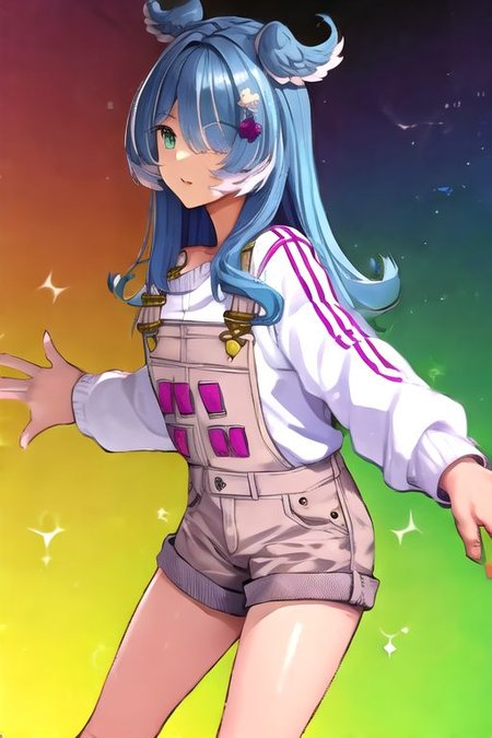 solo, 1girl, solo_focus, (((masterpiece))), ((best quality)), ((ultra-detailed)), high resolution, absurdres, highres, ultra-detailed 8k unity wallpaper, 
elira1st, long sleeves, overalls, white sweater, off shoulder, grey gloves, one eye covered, overall shorts