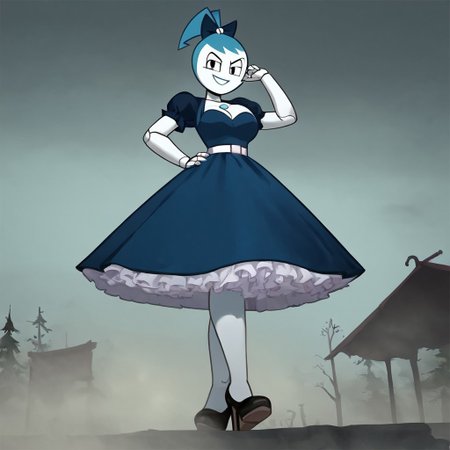 (Masterpiece, best quality:1.2), score_9, score_8_up, flat color, flat shading, soft shading, lighting, Jenny Wakeman as an adult, (((in a 1950's full length formal dark blue dress, a white belt, a fluffy frilly ruffled full white petticoat, and black high heels))), dress, layered petticoat, frilly petticoat, fluffy petticoat, full petticoat, detailed petticoat, wide skirt, detailed outfit, flowing skirt, (((long skirt))), (((solid dark blue colored dress, black high heels))), blue hair, series accurate, cute, best high quality, high res, robot, humanoid robot, (((giant breasts, cleavage))), whole body shot, 1girl, (((solo, outside, in a dark creepy forest, at night, heavy fog surrounding her, fog, heavy fog, looking at you, low angle))), (((evil, evil smile, determined evil eyes, posing gracefully and evilly))), low angle shot, cartoon, cartoon style, vector, solo, circle dress, 1950s, dance dress jenny, jenny wakeman, 1girl, solo, robot joints, black eyes, white skin, ponytail, hair bow, blue rose chest corsage, poofy dress, blue hair, flat lighting,