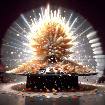 1980s tv test pattern mirrored prisms with laser beams  the magician upscaled high resolution harsh bright light on subjects high definition 16k very sharp super chaotic scenes giant pile of broken fried eggs in the middle of the room, super wet and glistening with
