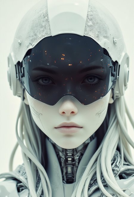 Recypu style,close up of futuristic robotic female, long hair, white skin, sleek opaque reflective black visor, white background
