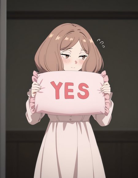 masterpiece, best quality, newest, absurdres, highres, safe,, <lora:mage-edel-s1-illustriousxl-lora-nochekaiser:1>, edel, brown hair, brown eyes, medium hair, medium breasts, anime screencap, <lora:yes-no-pillow-ponyxl-lora-nochekaiser:1>, yes-no pillow, holding, pillow, flying sweatdrops, yes, holding pillow, blush, looking to the side, english text, bedroom, pajamas, cowboy shot, dutch angle,, , cowboy shot, solo