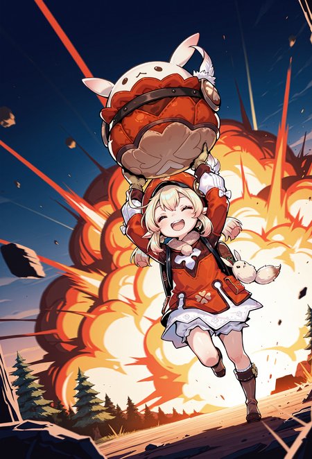 masterpiece,Himehajime,
1girl,klee,hat,backpack, hands above head,holding 1red_bomb,dodoco,running,smiling,laughing,dynamic angle,wind up,outdoors,forest,hilichurls camp,debris,explosions in the background,nuclear_explosion,explosion:dodoco,dodoco shape explosion,
,depth of field,best quality,amazing quality,intricate details,volumetric lighting, ambient occlusion, raytracing, scenery,very aesthetic, high resolution, ultra-detailed, absurdres, newest ,
 , <lora:Himehajime:0.9> ,<lora:add-detail-xl:1>,