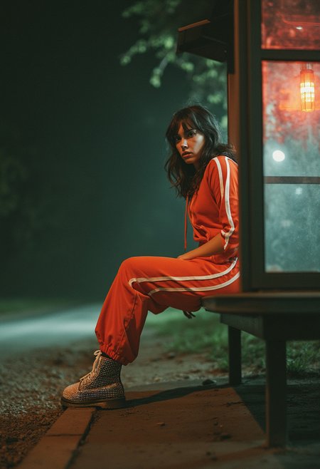 snapshot of a woman wearing a flashy tracksuit and rhinestone covered Doc Martens sitting at a lonely bus stop at a deserted road at night with woods in the background, gritty, woman looking down at the camera, film grain