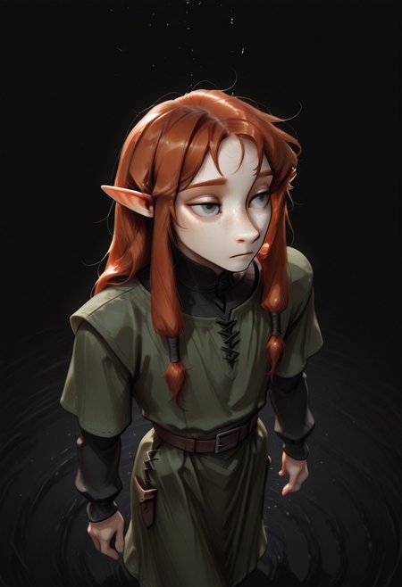 1person, (Lapanya), Malgha, freckles, 2 strands of hair sticking up, pointy ears, Long-sleeve black shirt, green tunic,
high angle, looking around, floating, wrleightless, 
Black background, void background, empty space background,
Source: semi-realistic