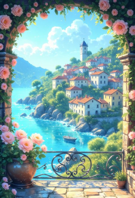 Italian Coastal Village
"A breathtaking view of a Mediterranean coastal village, perched on a hillside overlooking the sparkling blue sea. The stone houses with red-tiled roofs and green shutters are nestled among lush green trees. The terrace in the foreground has rustic stone tiles, a wrought iron railing, and a terracotta pot overflowing with vibrant pink roses. A small boat drifts on the tranquil waters, and the golden afternoon sunlight casts a warm glow over the entire scene."