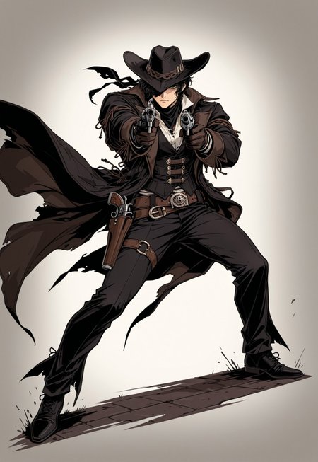 ww1era, victorianera, 18cera, alone, solo, portrait, full body, simple background, white background, no background, simple floor, full body, retro style, adult man, adult, man, black hair, short hair, green eyes, serious face, serious expression, serious eyes, covered face, shadowey face, mysterious, black bandanna, bandanna, criminal, black cowboy hat, black bandana ,outlaw, white shirt, black vest, black coat, coat, leather belt,  revolver holster, epic pose, epic, aiming, aiming pose, aiming posture, revolver, single revolver, black revolver, holding revolver, holding
<lora:RavenScript :1>