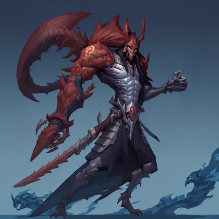 <lora:hu4lu:1>hu4lu samurai with claws holding overly large sword with a knights head blue background