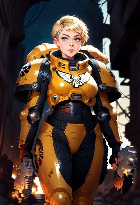 score_9, score_8_up, score_7_up, norasuko, intricate details, detailed face, detailed eyes, super-detailer-bsy, detailifier, detailed skin, detailed hair, ultra-detailed, cinematic lighting, volumetric lighting,
BREAK 
1girl, solo, cowboy shot, 
blue eyes, pixie cut, blonde hair, cute smile,
large power armor, ImperialF40k, holding a bltgun bolter weapon, two-handed,
walking, 
BREAK
night, science fiction, city ruins, gothic architecture, embers,