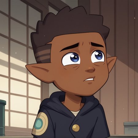 brown skin and dark brown hair with lighter shades, pointy ears, dark blue eyes,